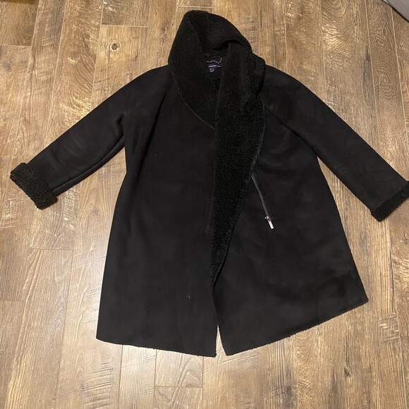 French Connection faux suede and fur trimmed black dress coat‎ S - Picture 2 of 8